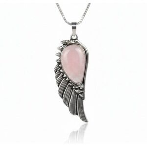 Pink Angel Wing Necklace Rose‎ Quartz Teardrop Gemstone Pendant Crystal Jewelry